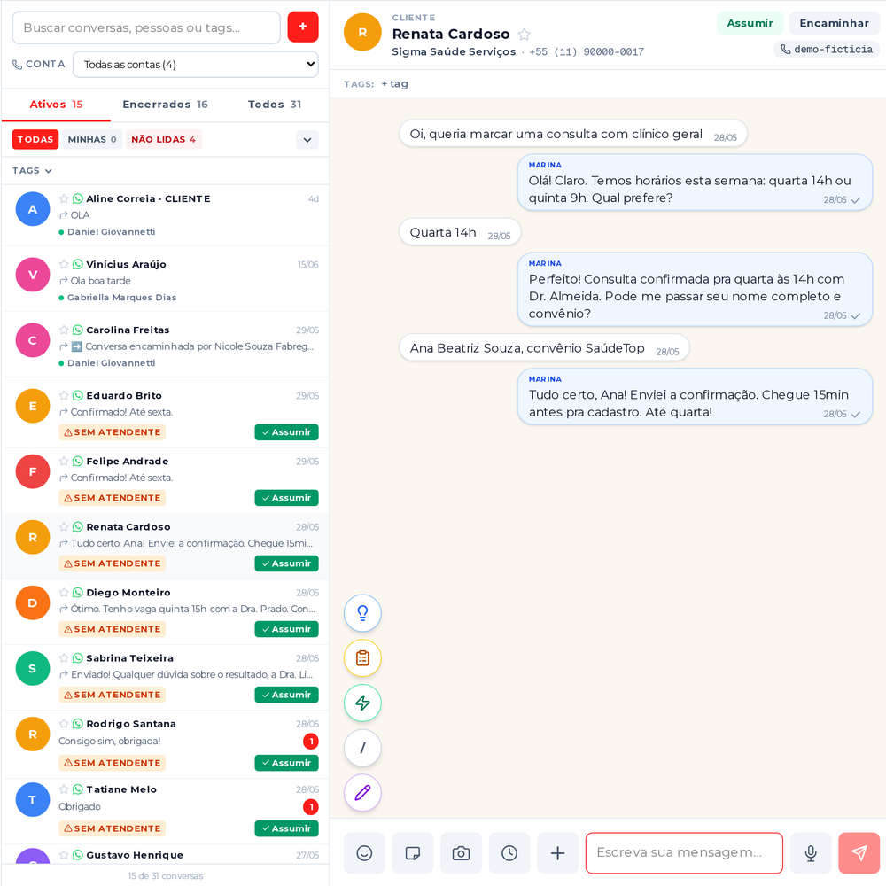 Painel do RED Chat com o inbox do WhatsApp e uma conversa aberta